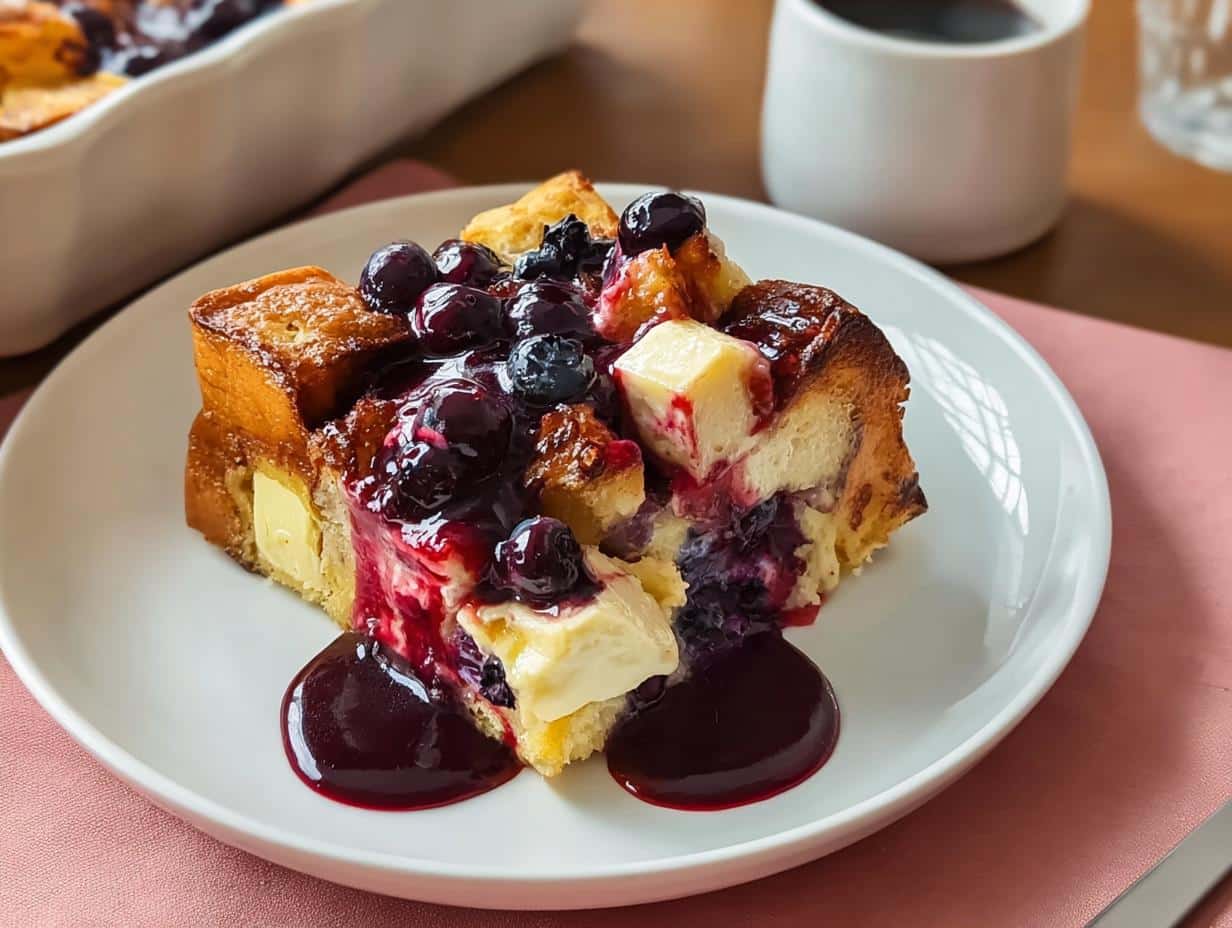 A decadent slice of Overnight Blueberry French Toast Bake, topped with fresh blueberries, syrup, and butter.