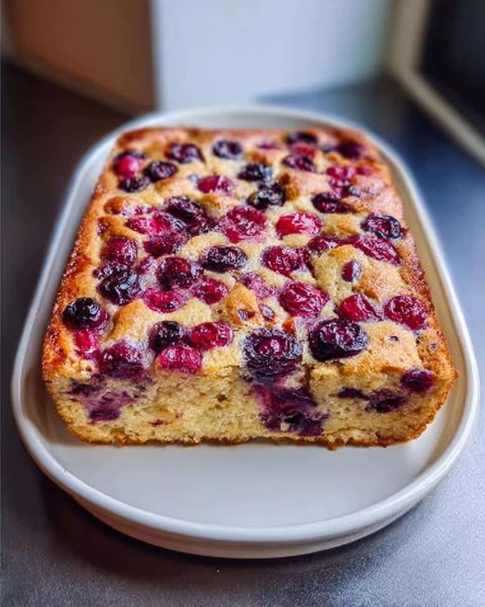 A golden baked Overnight Pancake Tray Bake topped with bright red and dark purple berries, served on a white platter.
