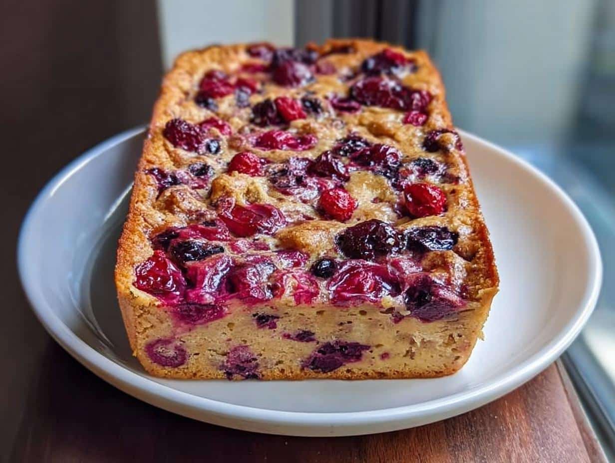 A baked loaf of Overnight Pancake Tray Bake topped generously with bright red and dark purple berries.