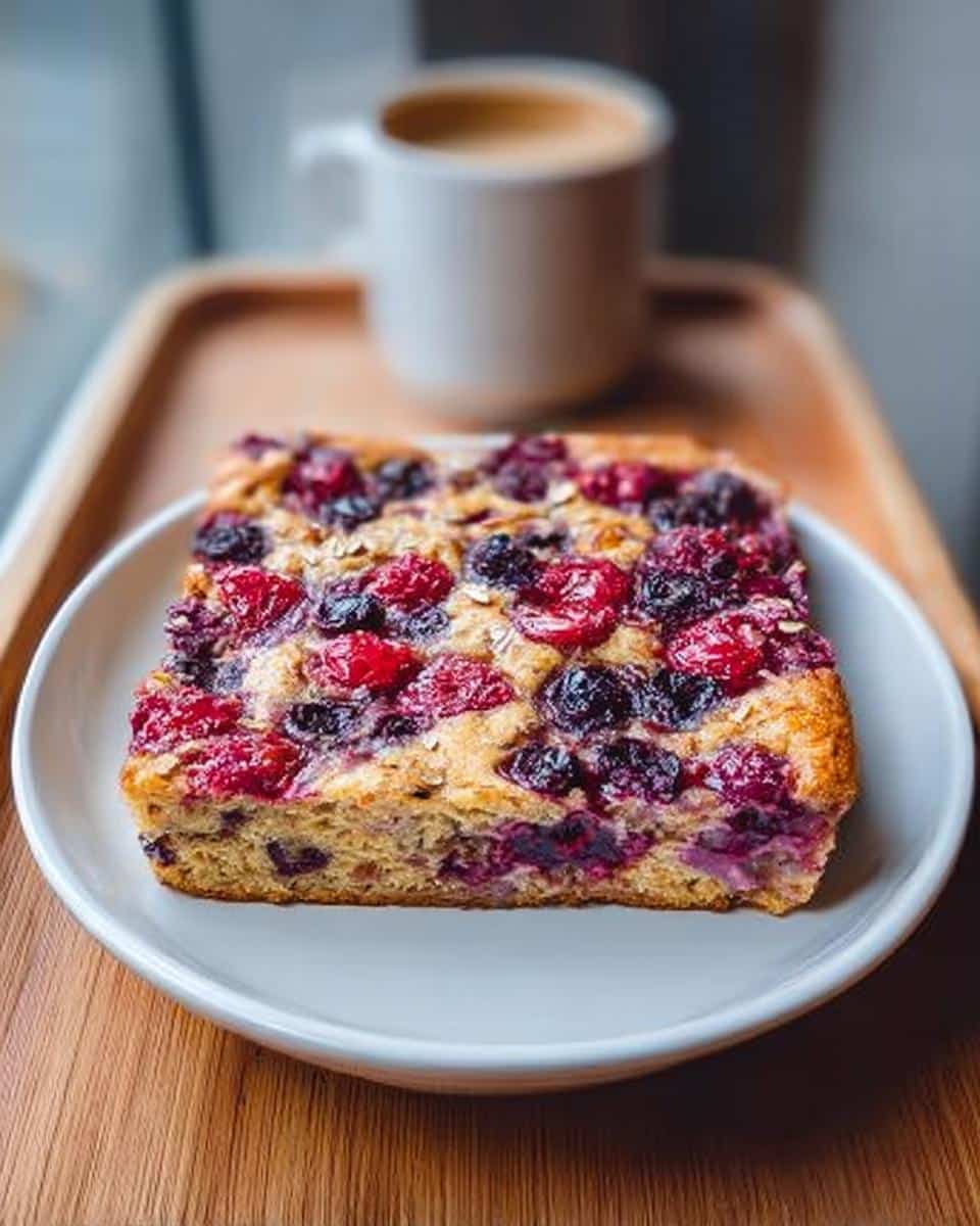 A square slice of Overnight Pancake Tray Bake topped with baked red and dark berries on a white plate.
