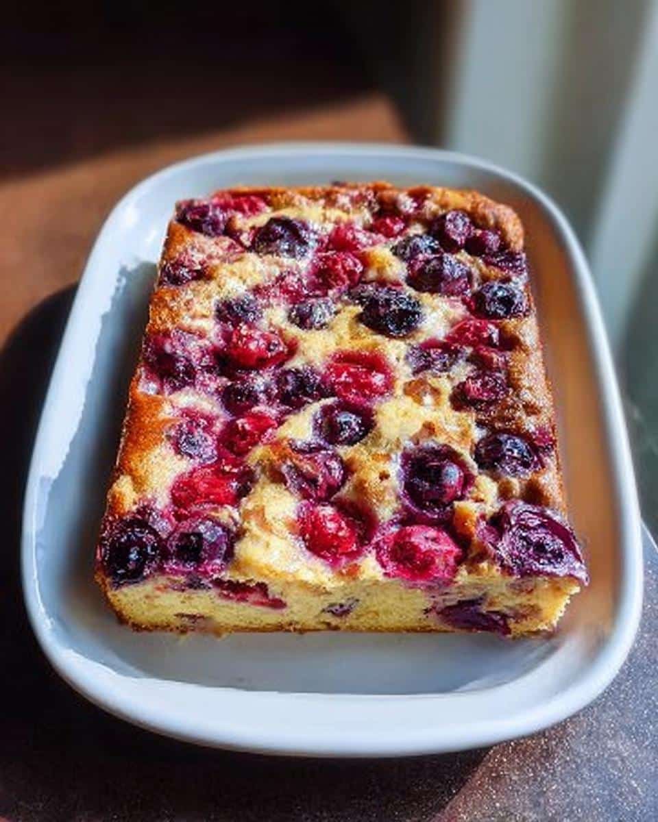 A square slice of Overnight Pancake Tray Bake topped with baked red and dark berries on a white plate.