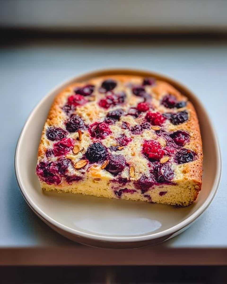 A square slice of Overnight Pancake Tray Bake topped with mixed berries and almonds on a light plate.