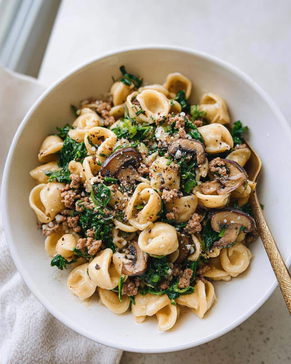 Close-up of a bowl of orecchiette pasta mixed with ground turkey, wilted spinach, and sliced mushrooms.