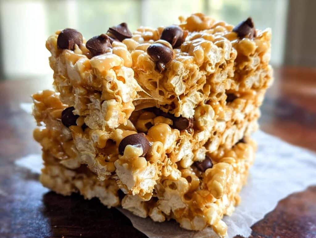 A stack of two rich Peanut Butter Marshmallow Popcorn bars topped with chocolate chips.
