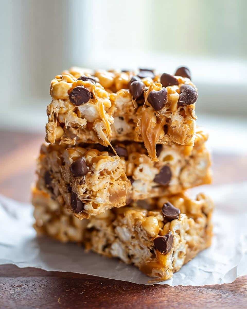 Three stacked squares of gooey Peanut Butter Marshmallow Popcorn, topped with melted chocolate chips.
