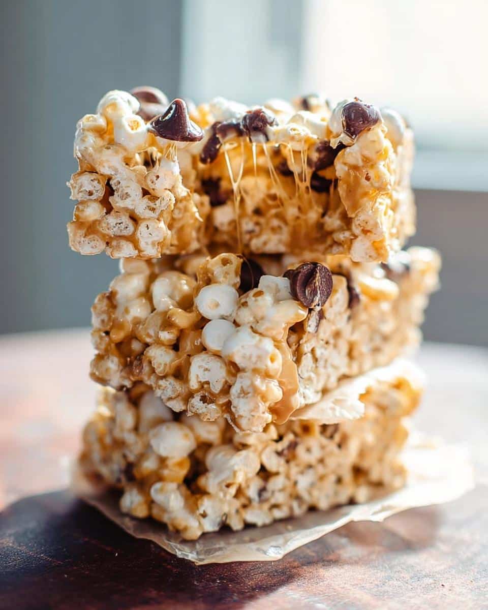 Three stacked bars of Peanut Butter Marshmallow Popcorn, showing melted marshmallow stretch and chocolate chips.