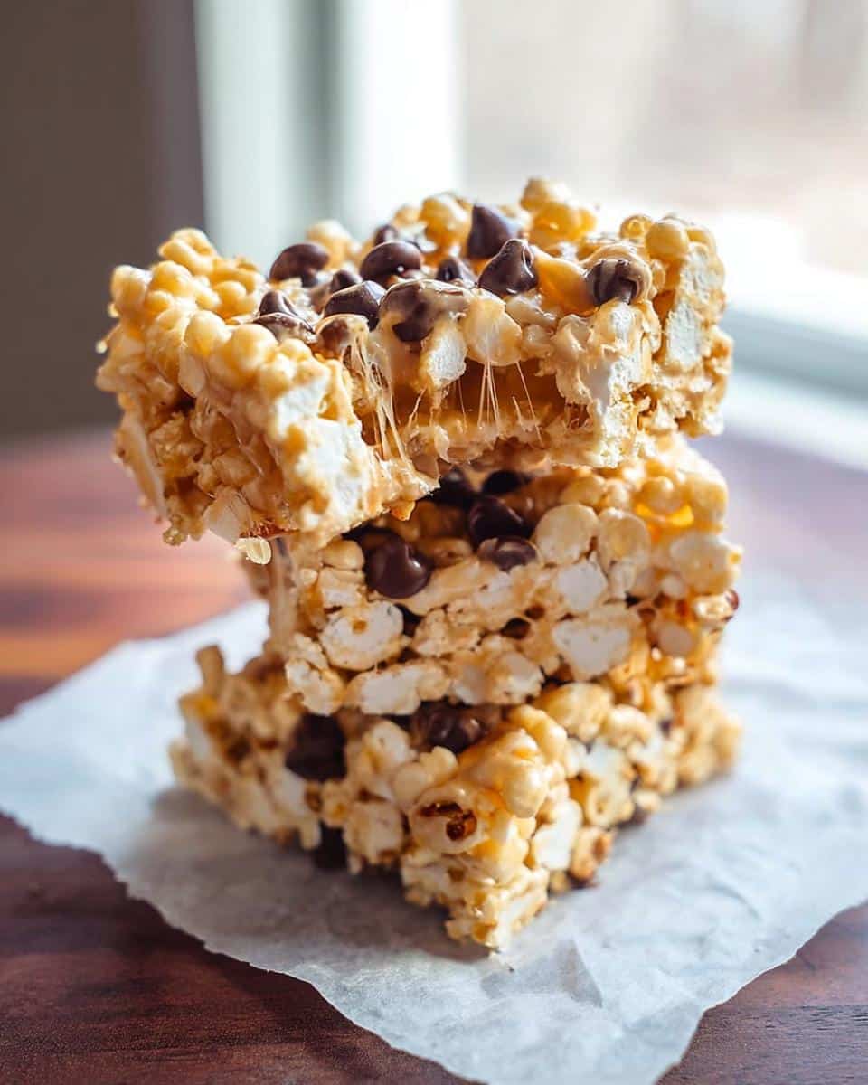 A stack of three gooey Peanut Butter Marshmallow Popcorn bars topped with chocolate chips, showing marshmallow stretch.