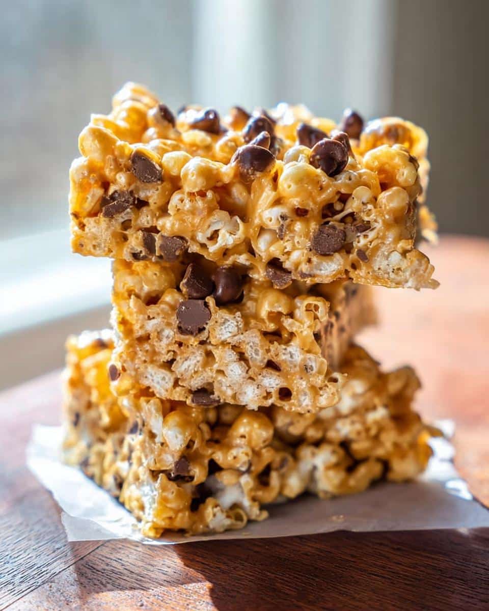 A stack of three gooey Peanut Butter Marshmallow Popcorn bars loaded with chocolate chips.