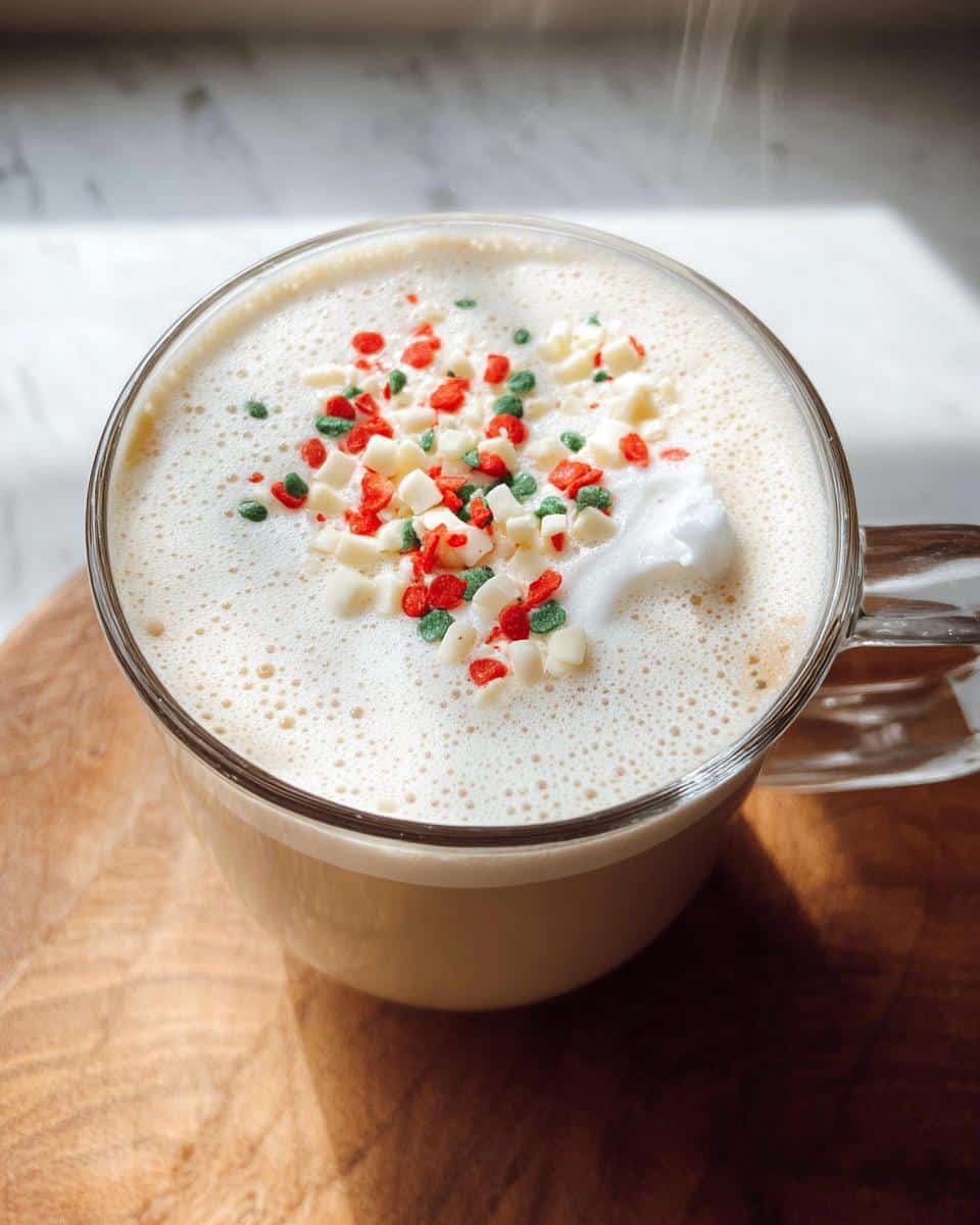 A festive Peppermint White Chocolate Latte topped with crushed white chocolate and red and green sprinkles.