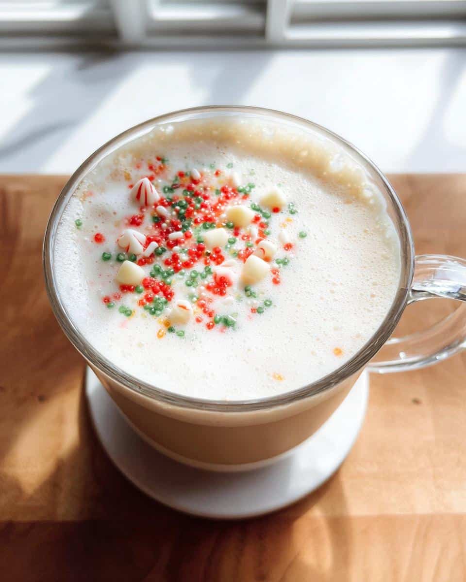 A clear mug filled with a frothy Peppermint White Chocolate Latte, topped with white chocolate chips, candy cane pieces, and festive sprinkles.