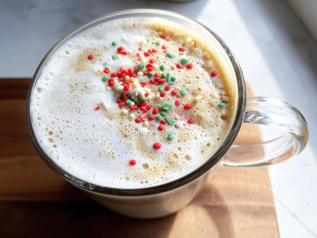 A close-up of a Peppermint White Chocolate Latte topped with festive red, green, and white sprinkles.