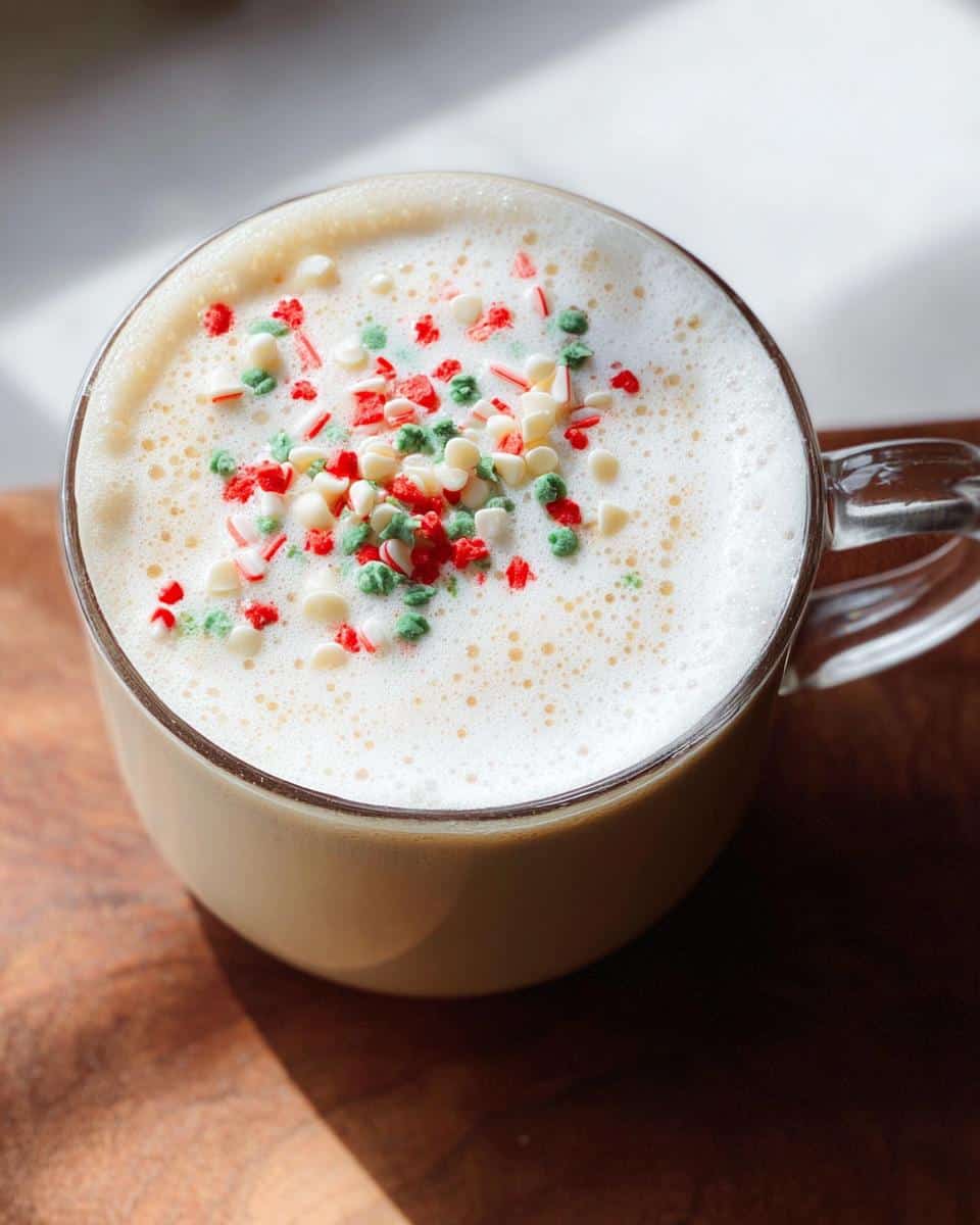 A close-up of a creamy Peppermint White Chocolate Latte topped with festive red, green, and white sprinkles.