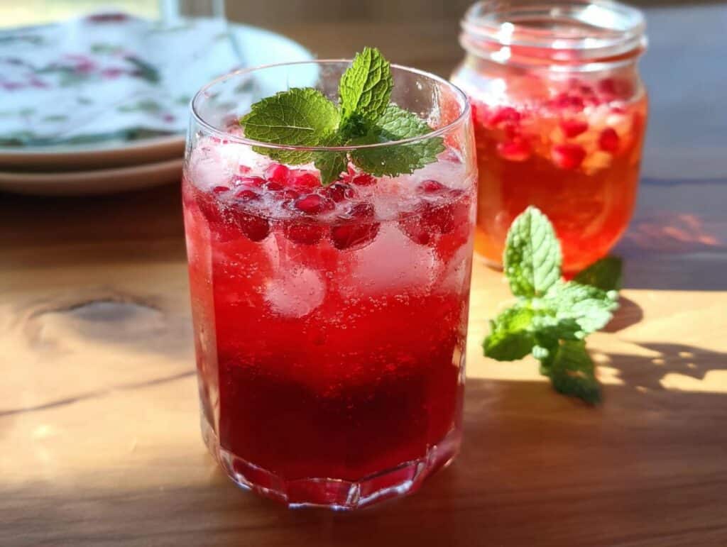 A vibrant Pomegranate Ginger Sparkler cocktail with ice, pomegranate seeds, and a mint garnish.