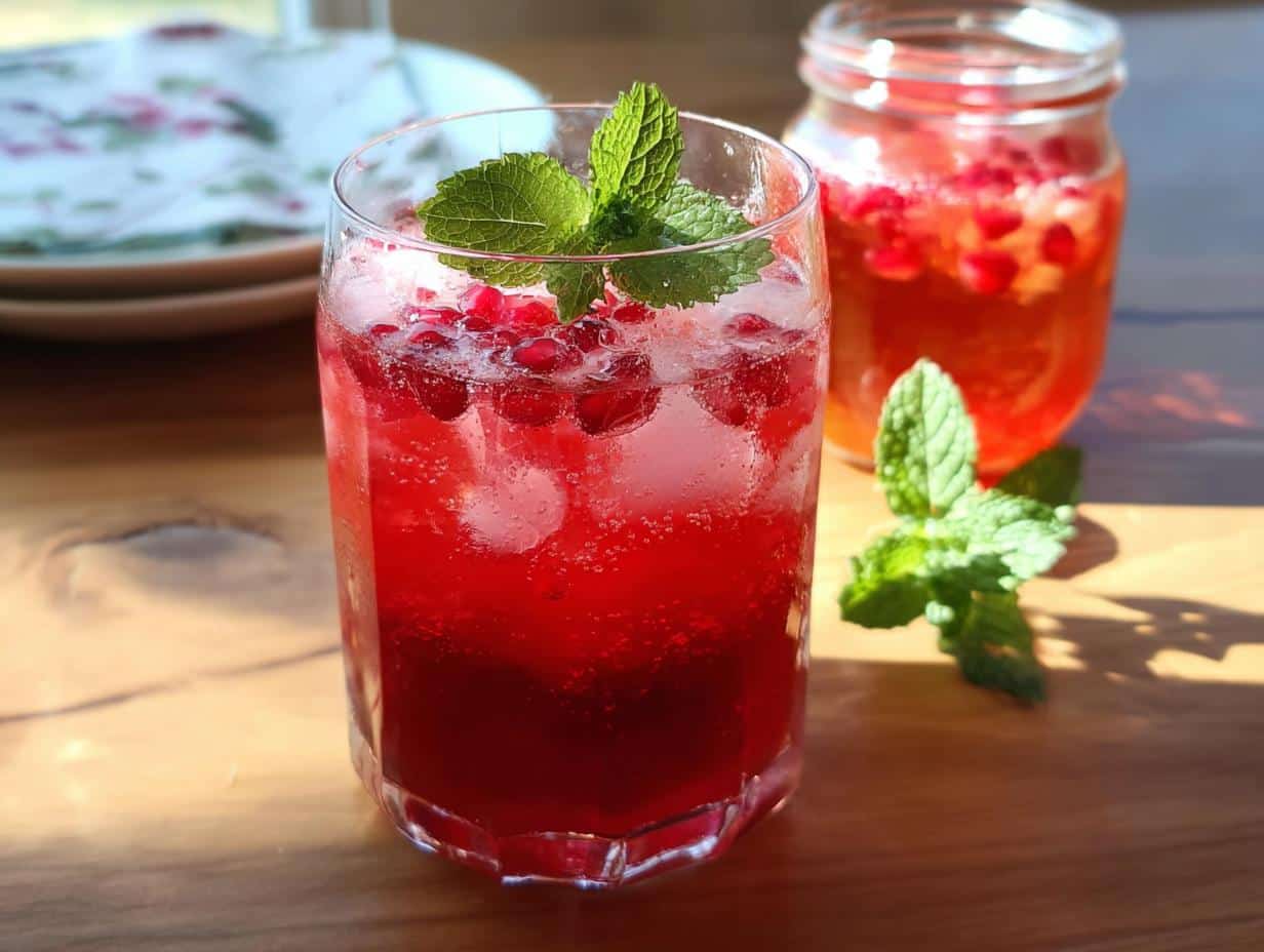 A vibrant Pomegranate Ginger Sparkler cocktail with ice, pomegranate seeds, and a mint garnish.