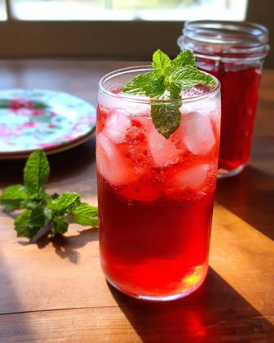 A tall glass filled with Pomegranate Ginger Sparkler, ice, and a sprig of mint, with another glass in the background.