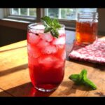 A tall glass filled with ice and a vibrant red Pomegranate Ginger Sparkler, garnished with fresh mint.