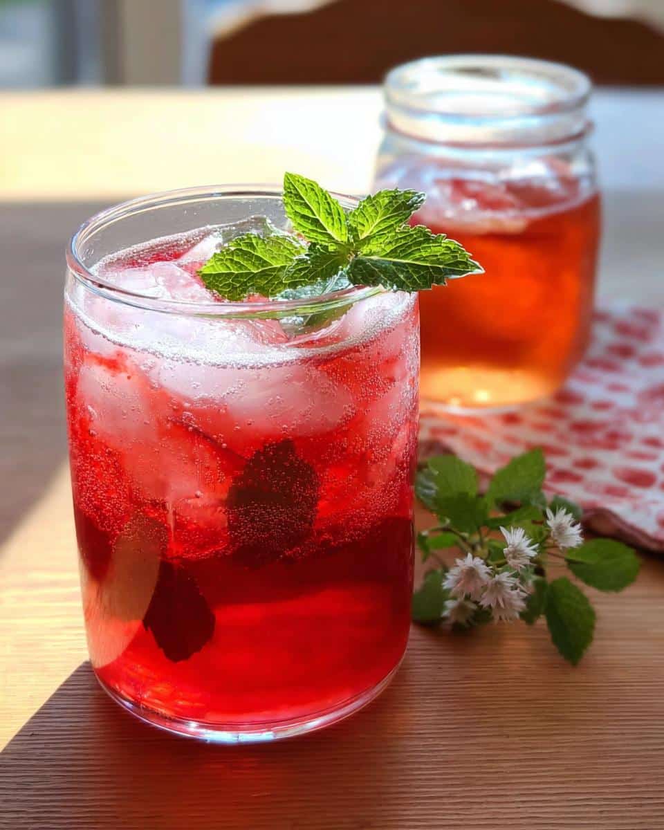 A vibrant Pomegranate Ginger Sparkler in a glass, filled with ice and garnished with fresh mint leaves.
