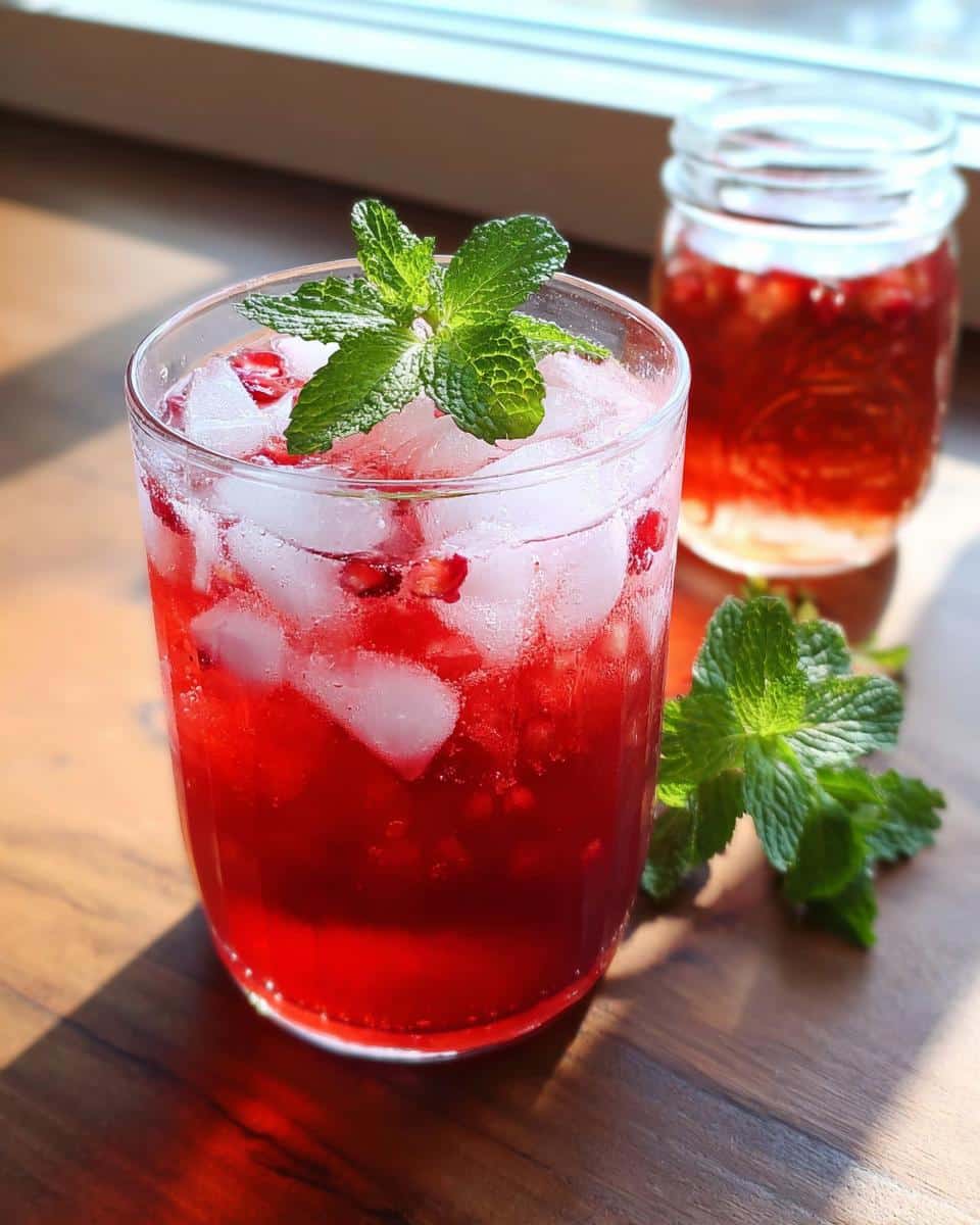 A vibrant glass of Pomegranate Ginger Sparkler filled with ice, pomegranate seeds, and a fresh mint sprig.