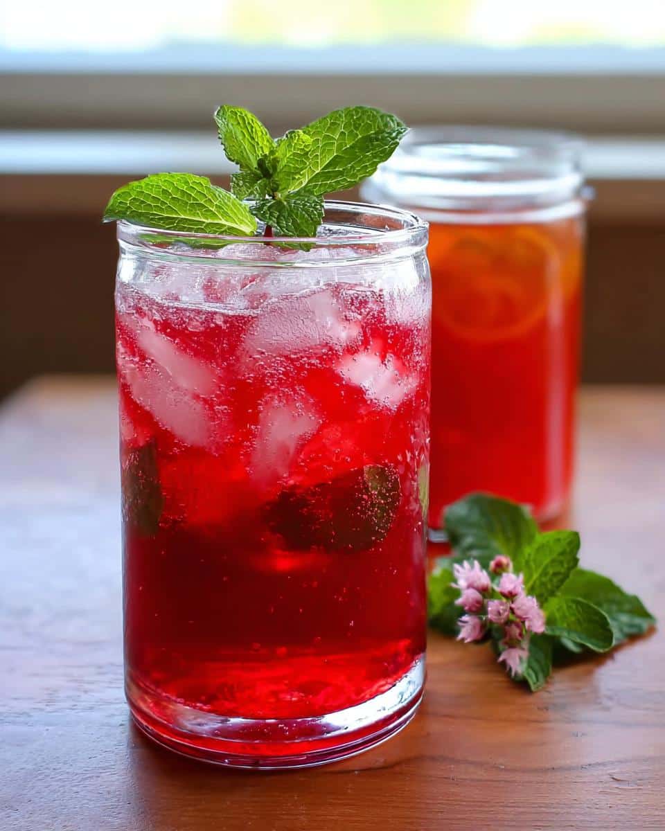 A tall glass filled with a vibrant red Pomegranate Ginger Sparkler, ice, mint leaves, and a sprig of mint on top.