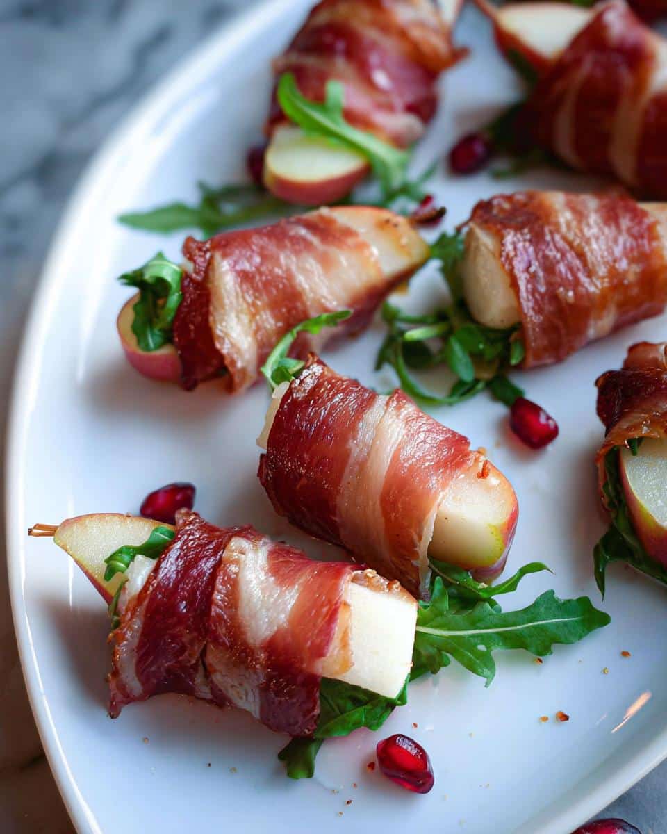 Close-up of several Prosciutto-Wrapped Pear Bites served on a white platter with arugula and pomegranate seeds.