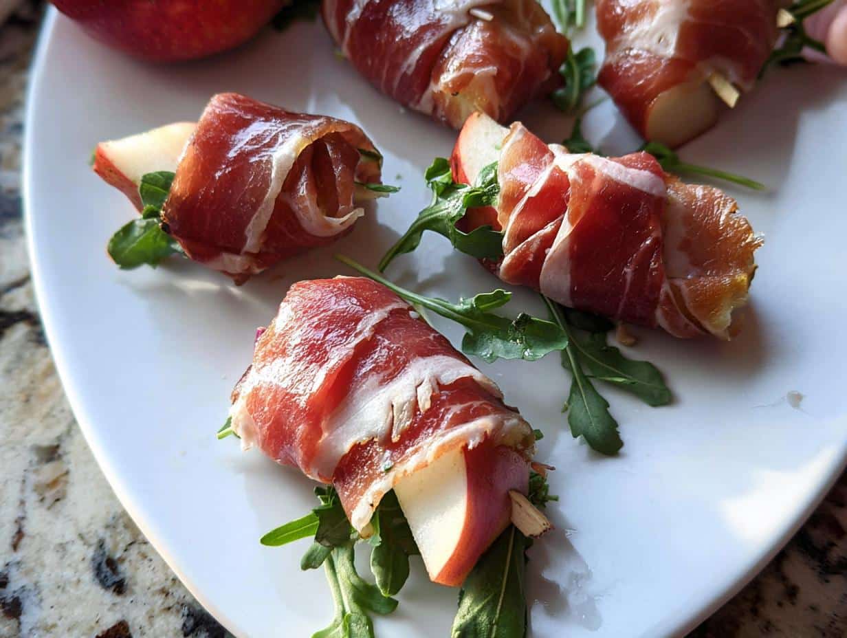 Close-up of several Prosciutto-Wrapped Pear Bites served on a white plate with arugula garnish.