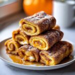 A stack of golden Pumpkin Pie French Toast Roll Ups coated in cinnamon sugar, drizzled with syrup.
