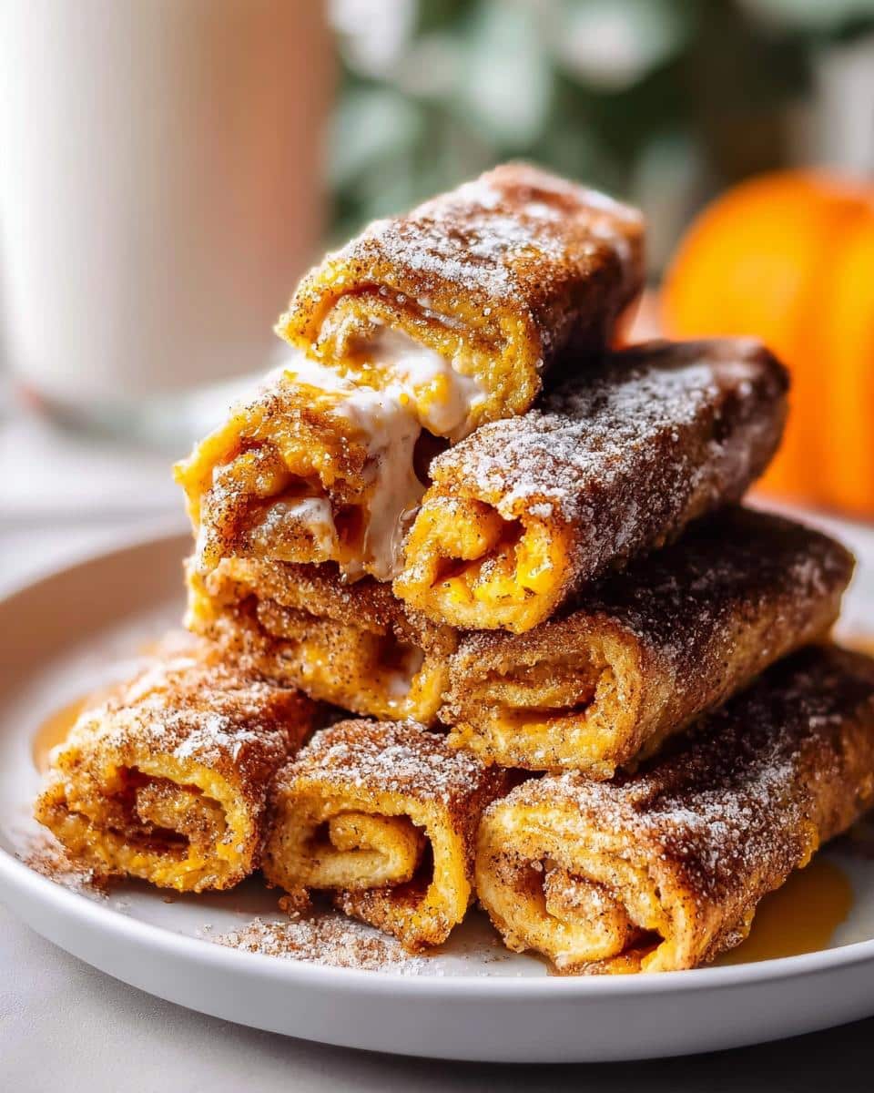 A stack of golden brown Pumpkin Pie French Toast Roll Ups dusted with cinnamon sugar and powdered sugar, showing a creamy filling.