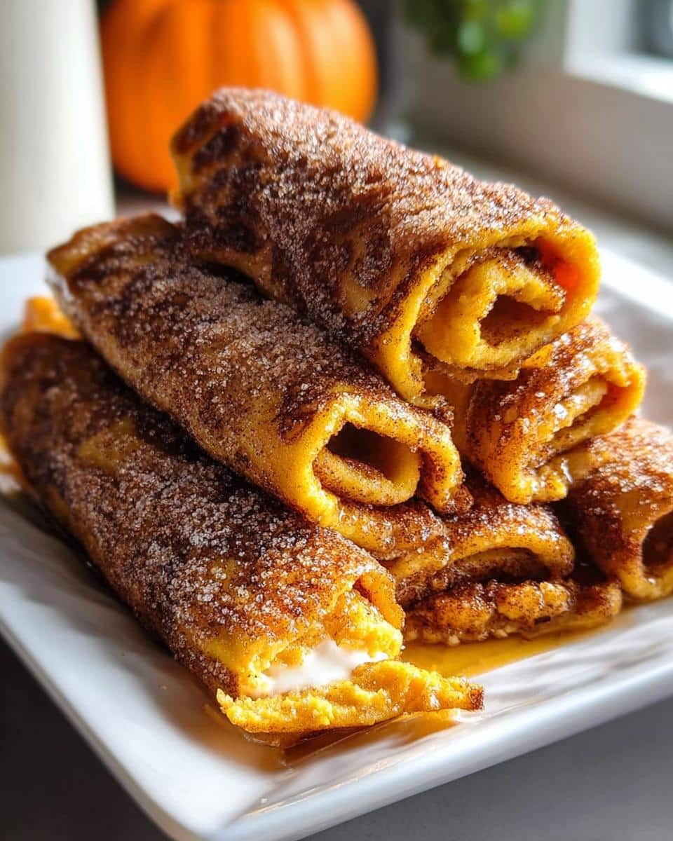 A stack of golden Pumpkin Pie French Toast Roll Ups coated in cinnamon sugar, drizzled with syrup.