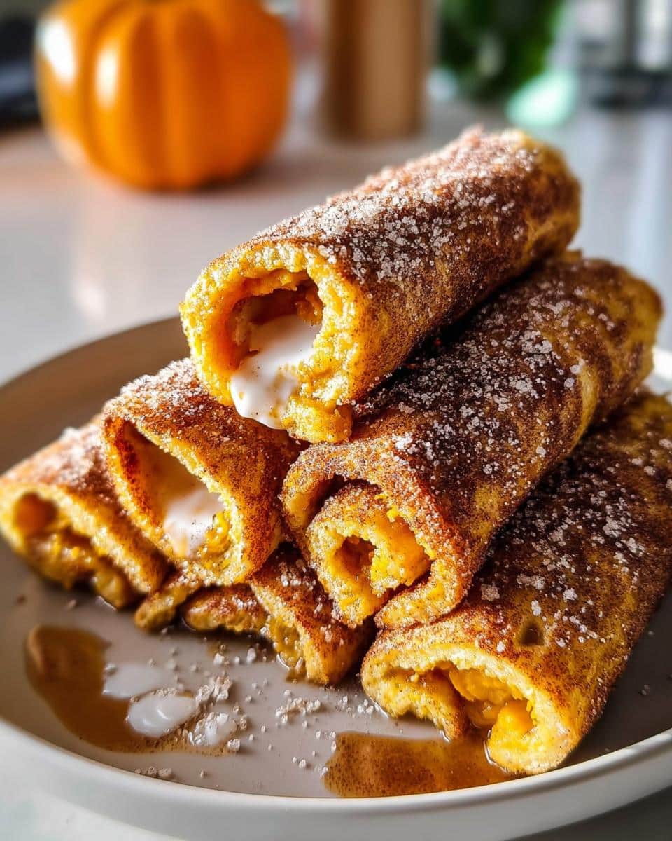 A stack of Pumpkin Pie French Toast Roll Ups dusted with cinnamon sugar and filled with cream cheese.