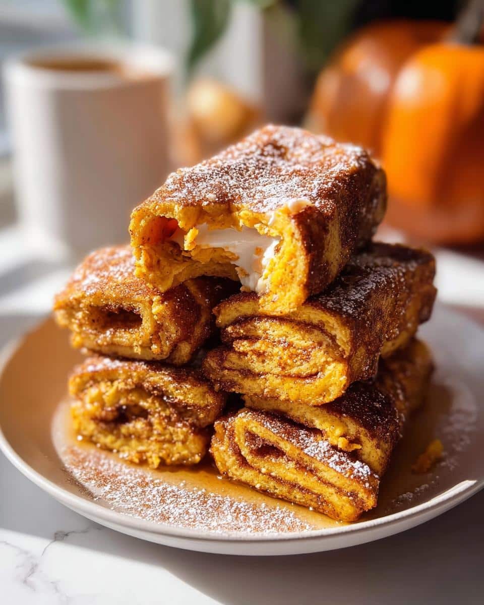 A stack of golden brown Pumpkin Pie French Toast Roll Ups dusted with powdered sugar, one piece showing a creamy filling.