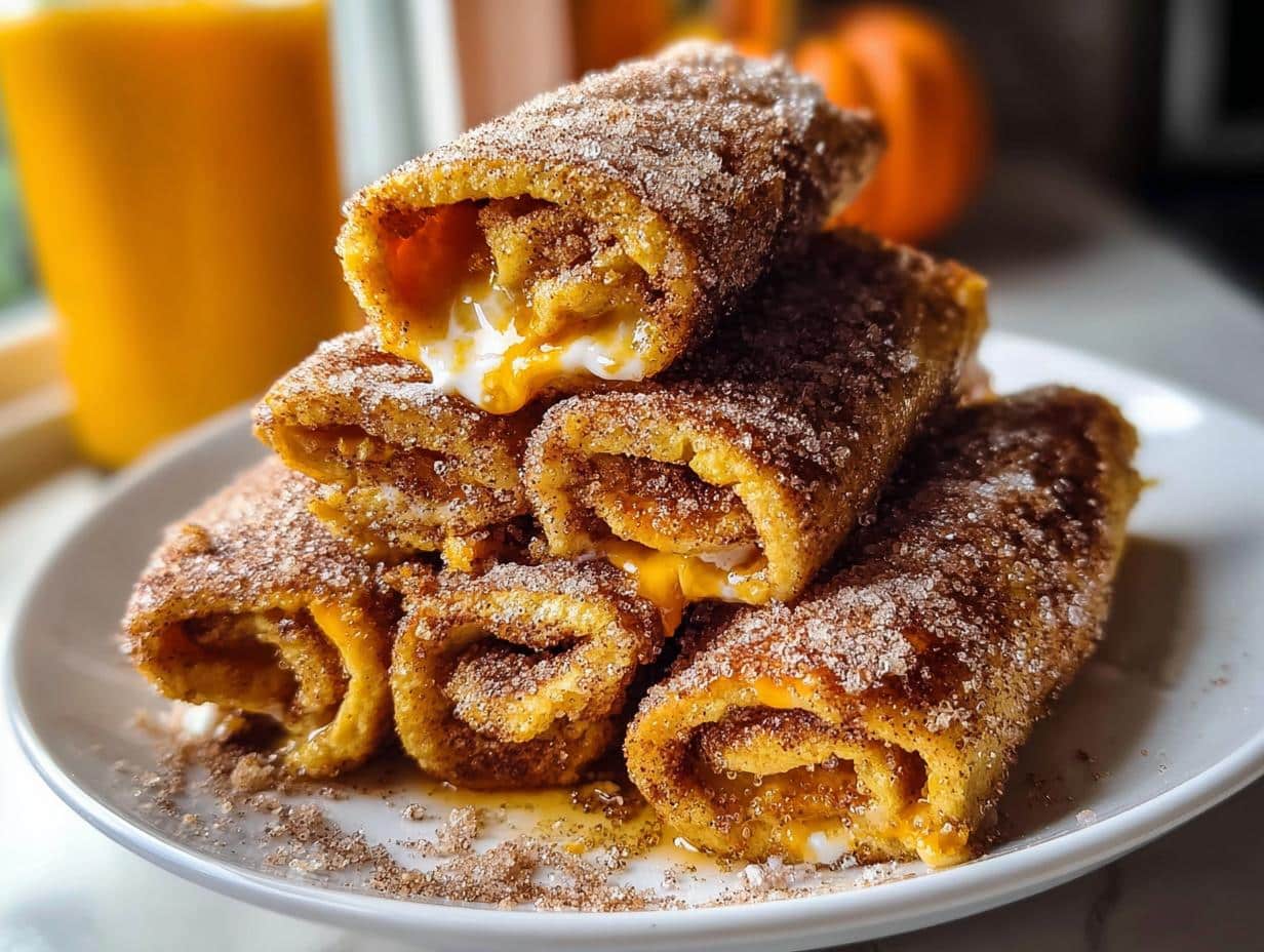 A stack of golden Pumpkin Pie French Toast Roll Ups coated in cinnamon sugar, oozing filling.