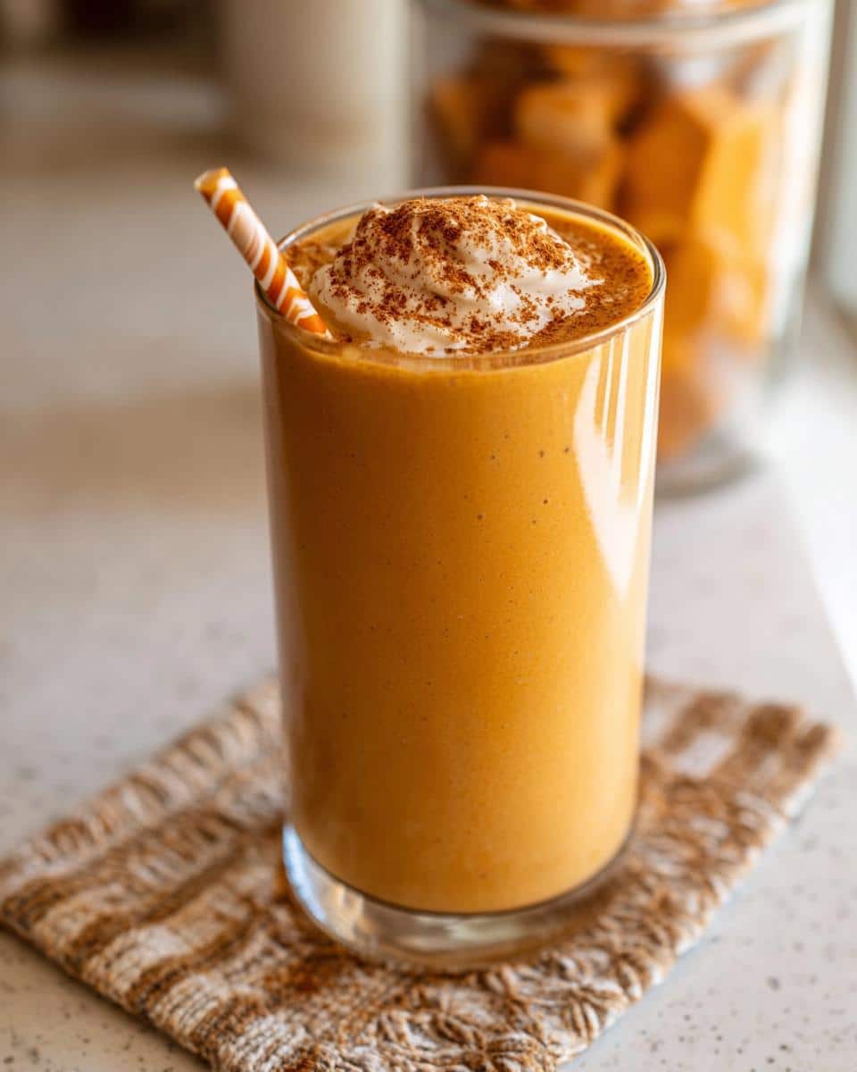 A tall glass of creamy Pumpkin Pie Smoothie Drink topped with whipped cream and cinnamon, with a striped straw.