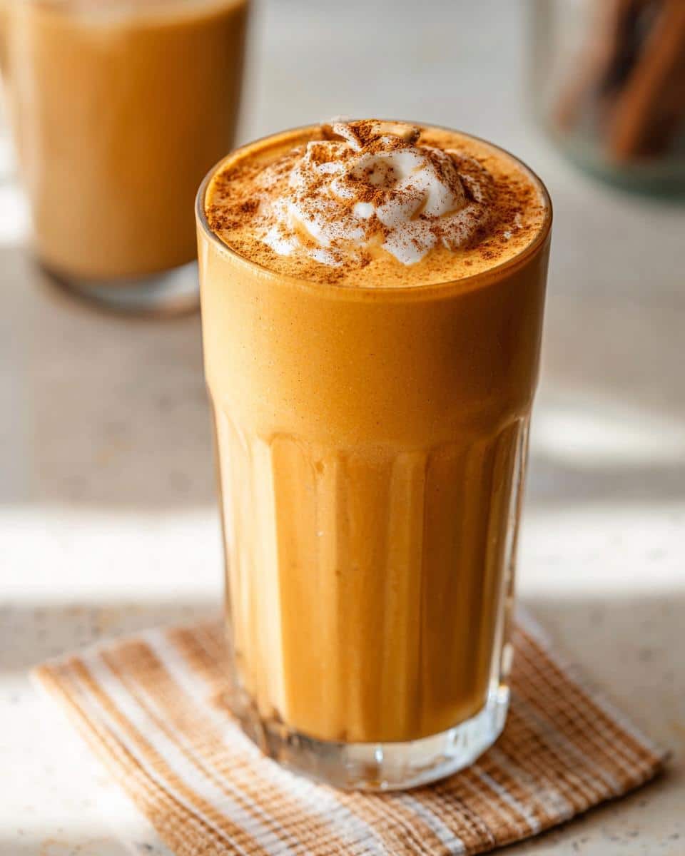 A tall glass of creamy Pumpkin Pie Smoothie Drink topped with whipped cream and cinnamon.