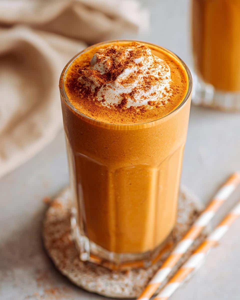 A tall glass filled with a creamy orange Pumpkin Pie Smoothie Drink, topped with whipped cream and a sprinkle of cinnamon.