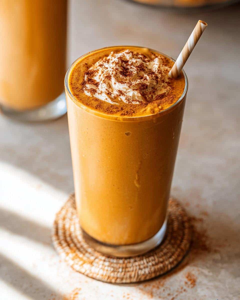 A tall glass of creamy Pumpkin Pie Smoothie Drink topped with whipped cream and cinnamon, with a striped straw.