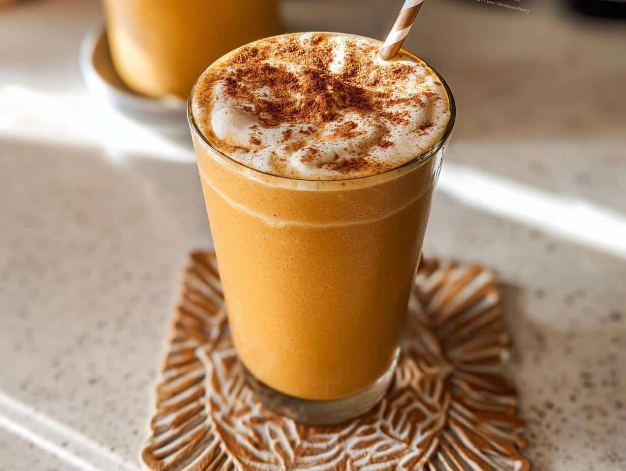 A tall glass filled with a creamy Pumpkin Pie Smoothie Drink, topped with foam and cinnamon, with a striped straw.