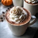 A close-up of a mug filled with creamy Pumpkin Spice Hot Chocolate, topped with whipped cream and a sprinkle of cinnamon.