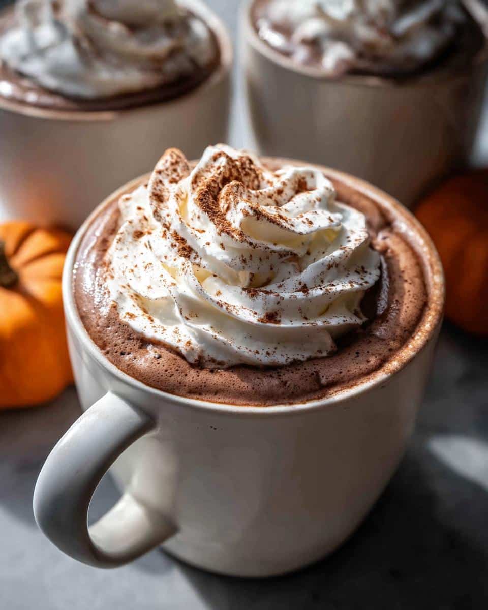 Close-up of a mug filled with creamy Pumpkin Spice Hot Chocolate, topped with whipped cream and a sprinkle of cinnamon.