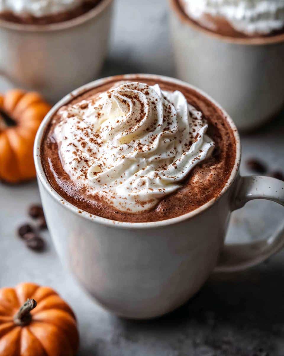 A close-up of a steaming mug of Pumpkin Spice Hot Chocolate topped with whipped cream and a dusting of cinnamon.