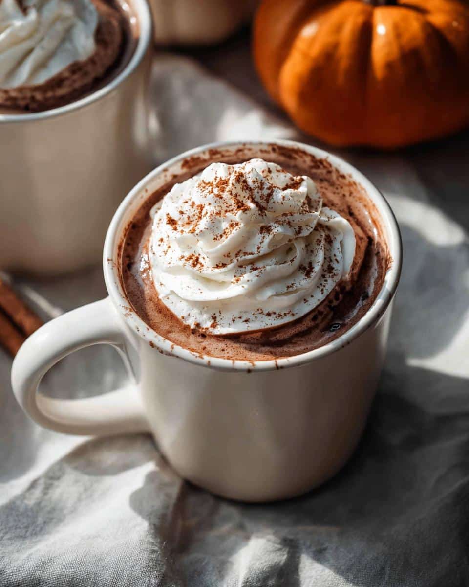 A close-up of a mug of creamy Pumpkin Spice Hot Chocolate topped with whipped cream and cinnamon.