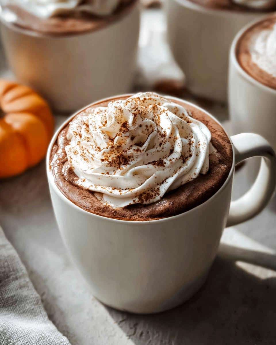 A close-up of a mug of creamy Pumpkin Spice Hot Chocolate topped with whipped cream and a sprinkle of cinnamon.