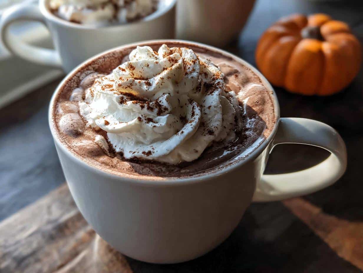 A close-up of a mug filled with creamy Pumpkin Spice Hot Chocolate, topped with whipped cream and a sprinkle of cinnamon.