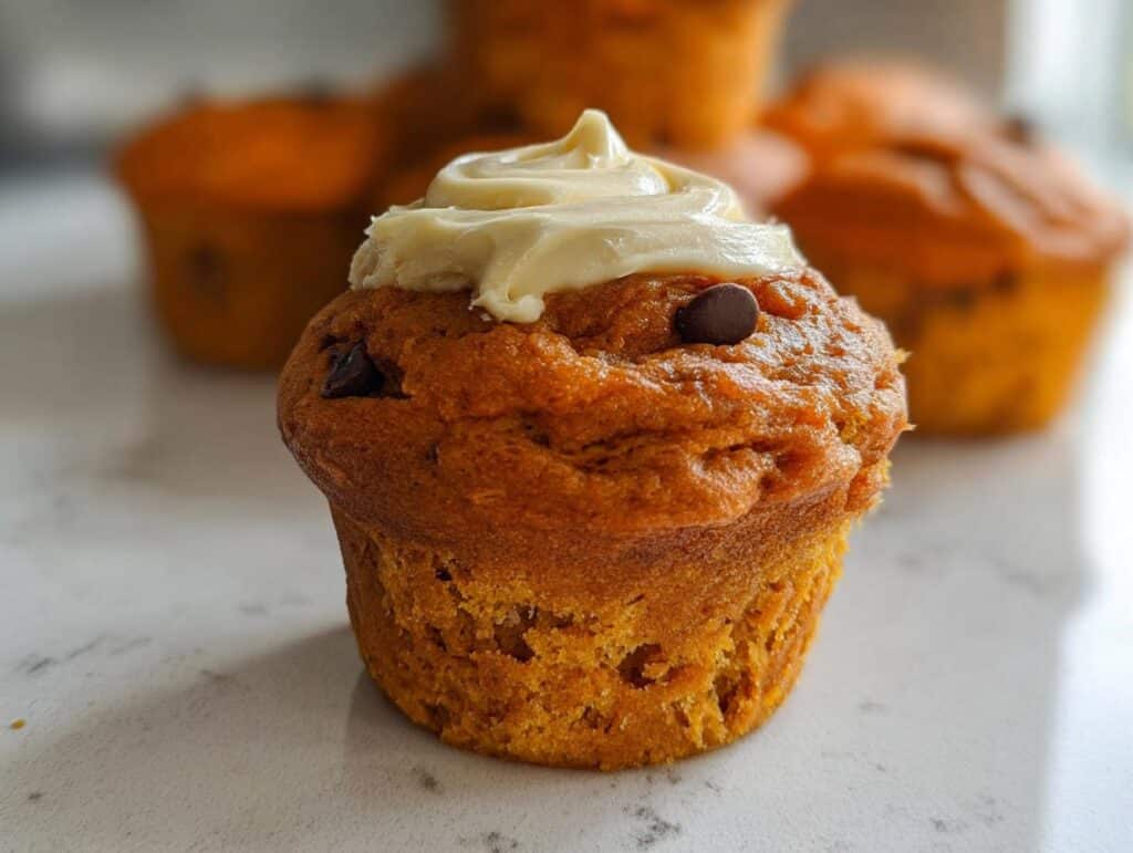 A close-up of a Pumpkin Spice Protein Pancake Muffin topped with cream cheese frosting and a chocolate chip.