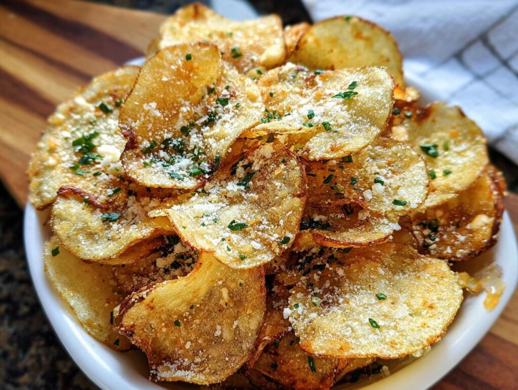 Close-up of a white bowl filled with crispy Ranch-Seasoned Potato Chips, topped with grated cheese and fresh parsley.