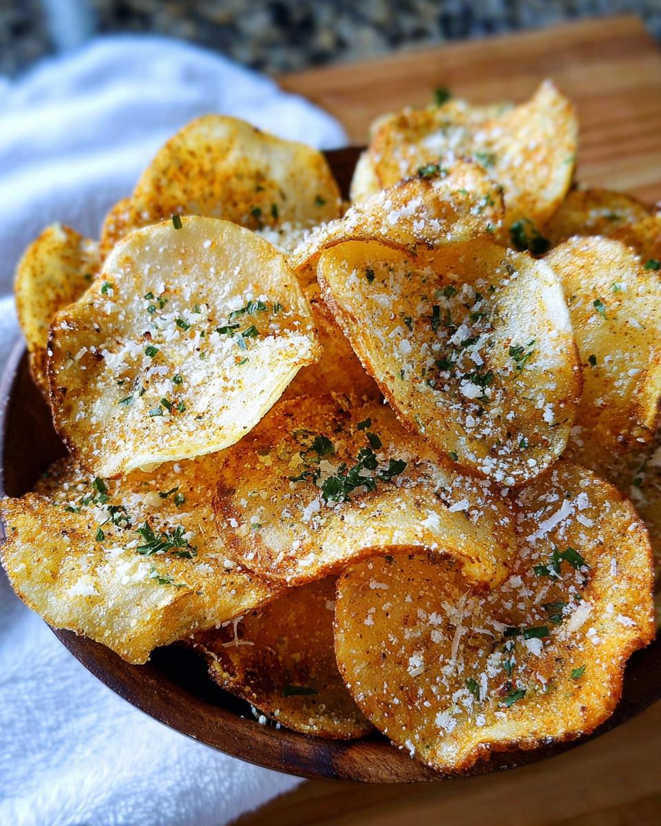 Close-up of crispy, homemade Ranch-Seasoned Potato Chips topped with grated cheese and herbs in a wooden bowl.