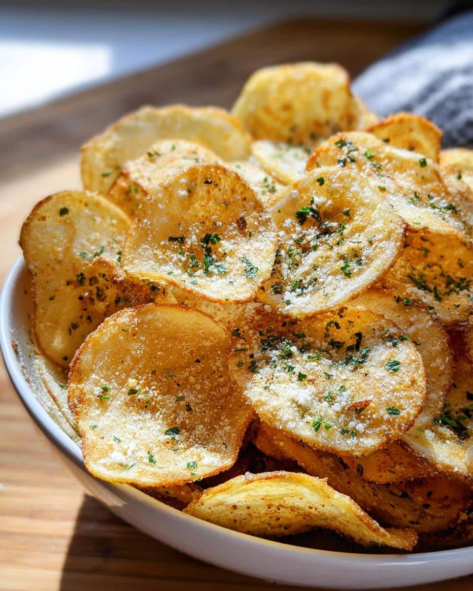 A white bowl overflowing with golden, crispy Ranch-Seasoned Potato Chips topped with grated cheese and parsley.