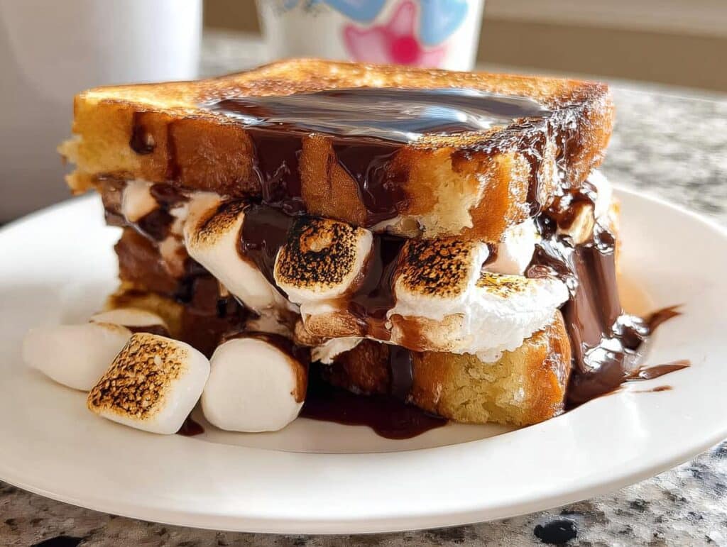 A thick stack of S’mores French Toast topped with toasted marshmallows and rich chocolate syrup.
