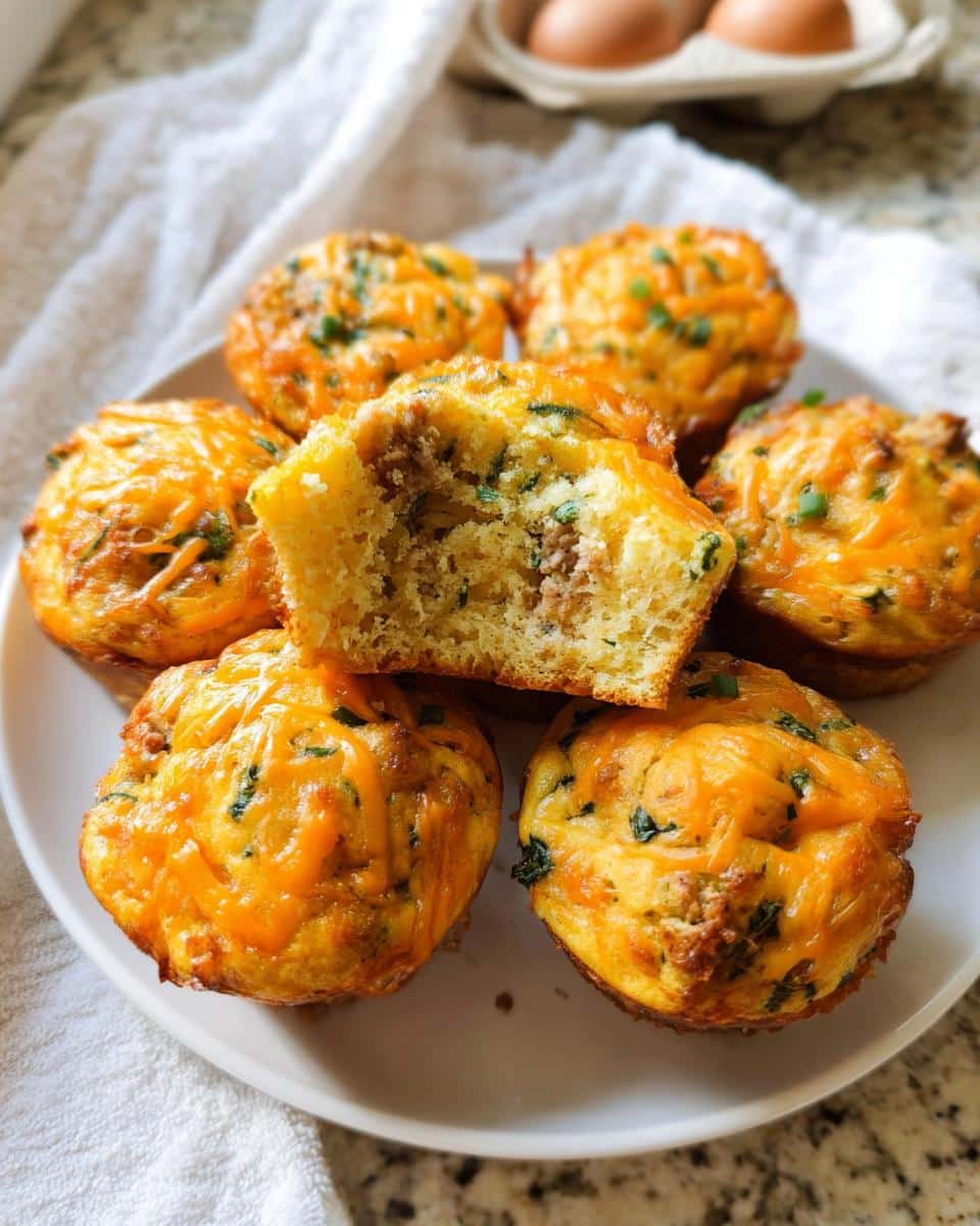 A plate of golden Sausage Pancake Breakfast Muffins topped with melted cheddar cheese and chives, one muffin is cut in half showing the sausage filling.
