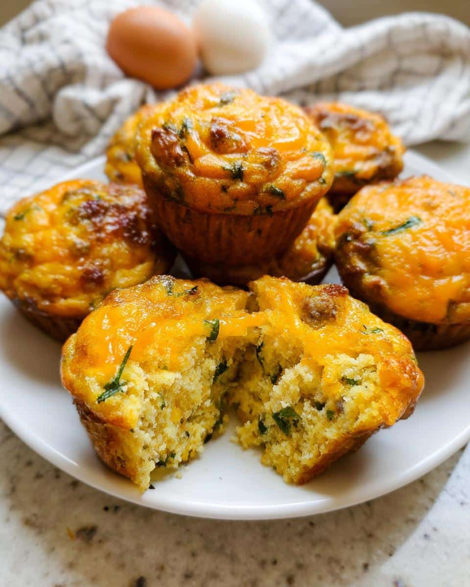 Close-up of Sausage Pancake Breakfast Muffins topped with melted cheddar cheese, one muffin is broken open.