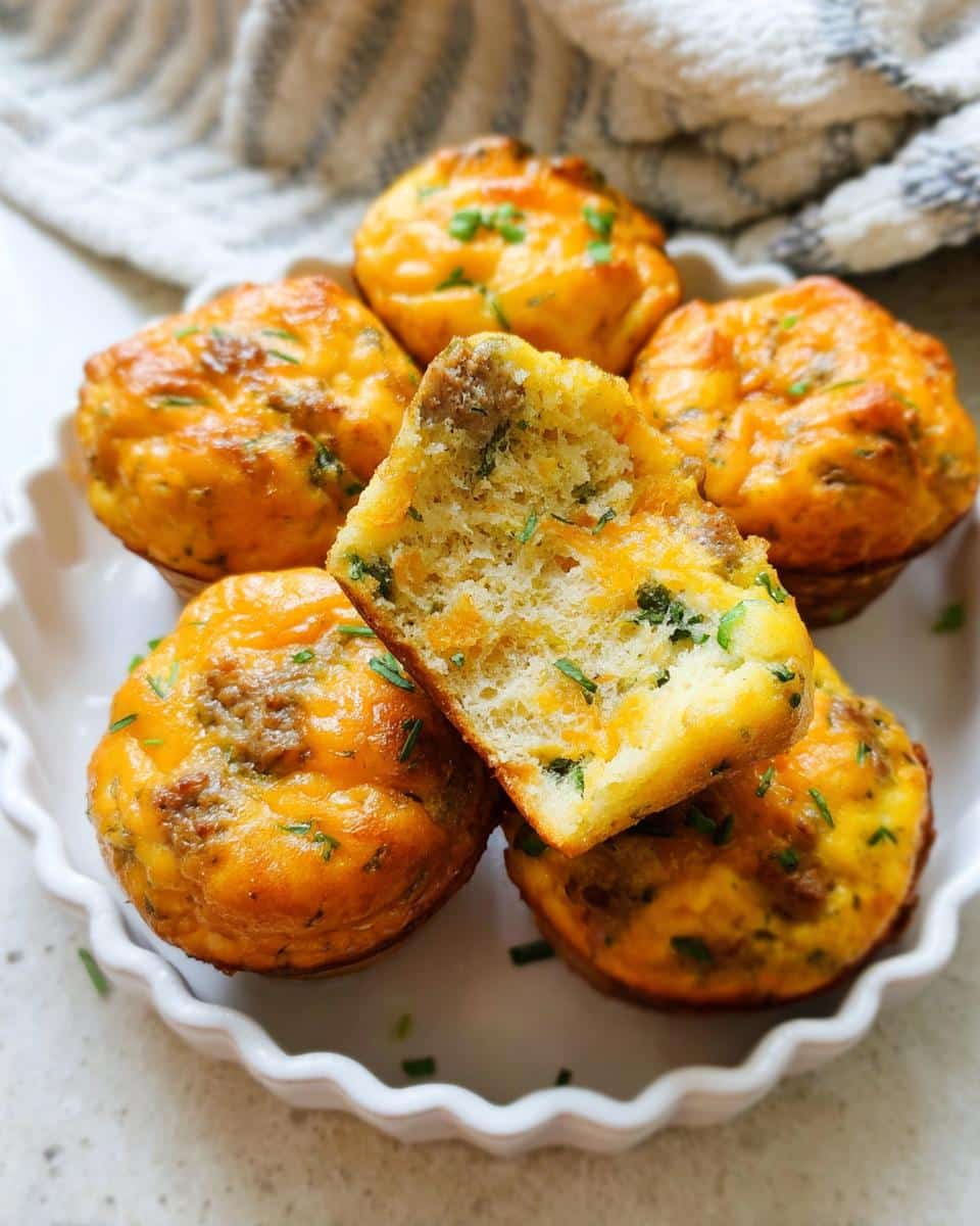 Five golden Sausage Pancake Breakfast Muffins, one cut in half showing sausage, cheese, and fluffy interior.